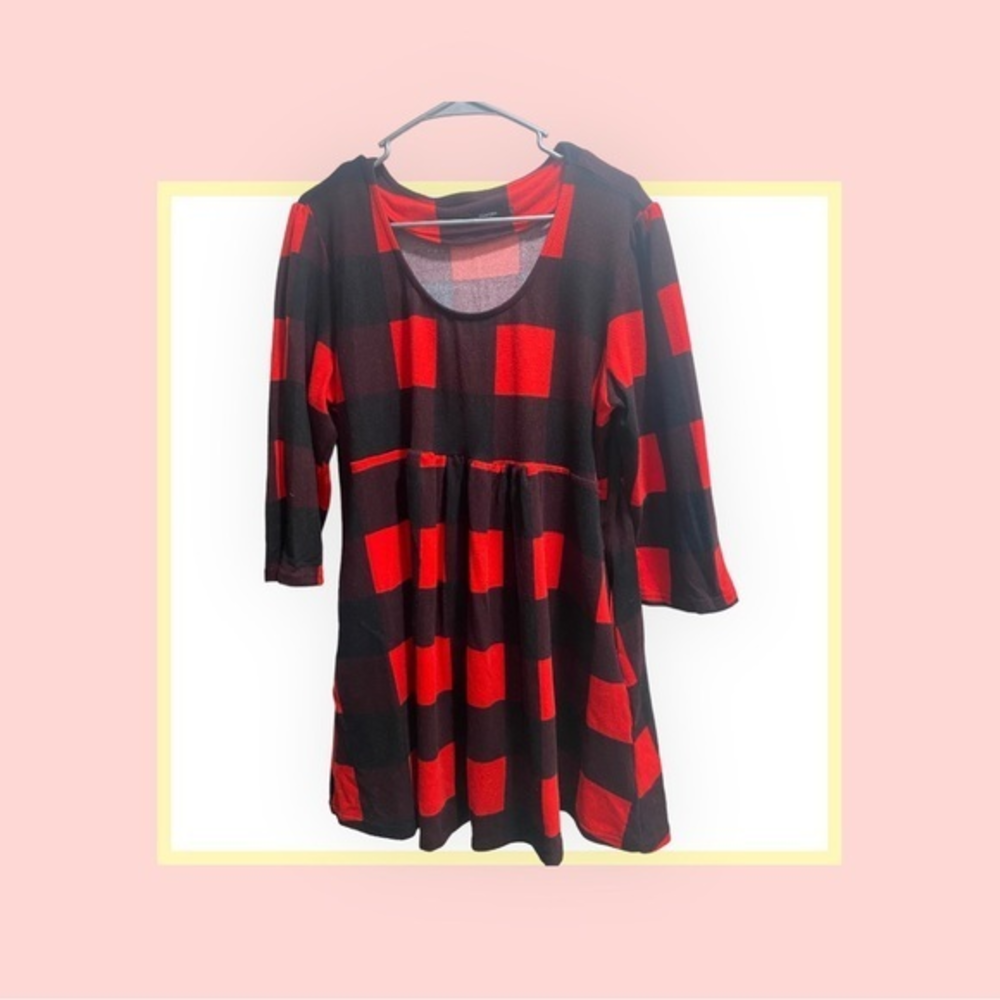 Reborn Womens Pleated Knit Dress Size 2X Red Plaid 1/2‎ Sleeve High Waist